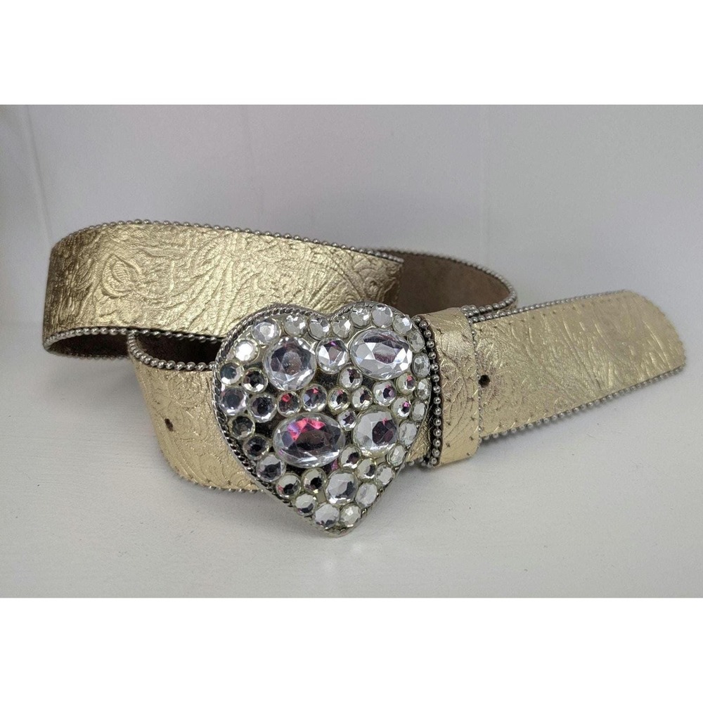 Vintage 1990s Y2K Gold Heart Gemstone Rhinestone Leather Statement Belt